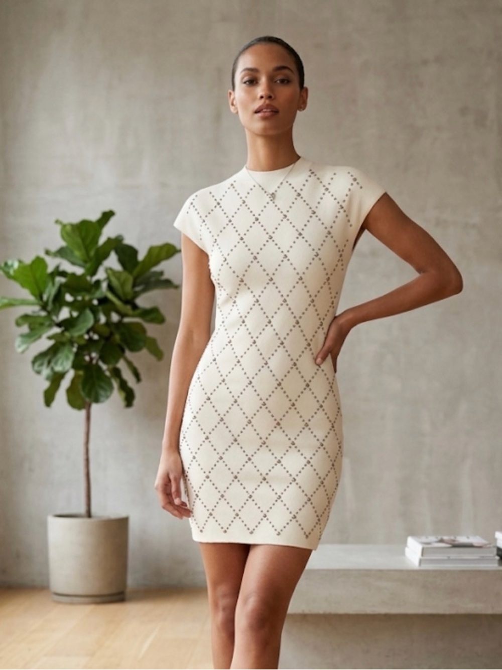Zara Ivory Studded Knit Sheath Dress - Picture 1 of 5
